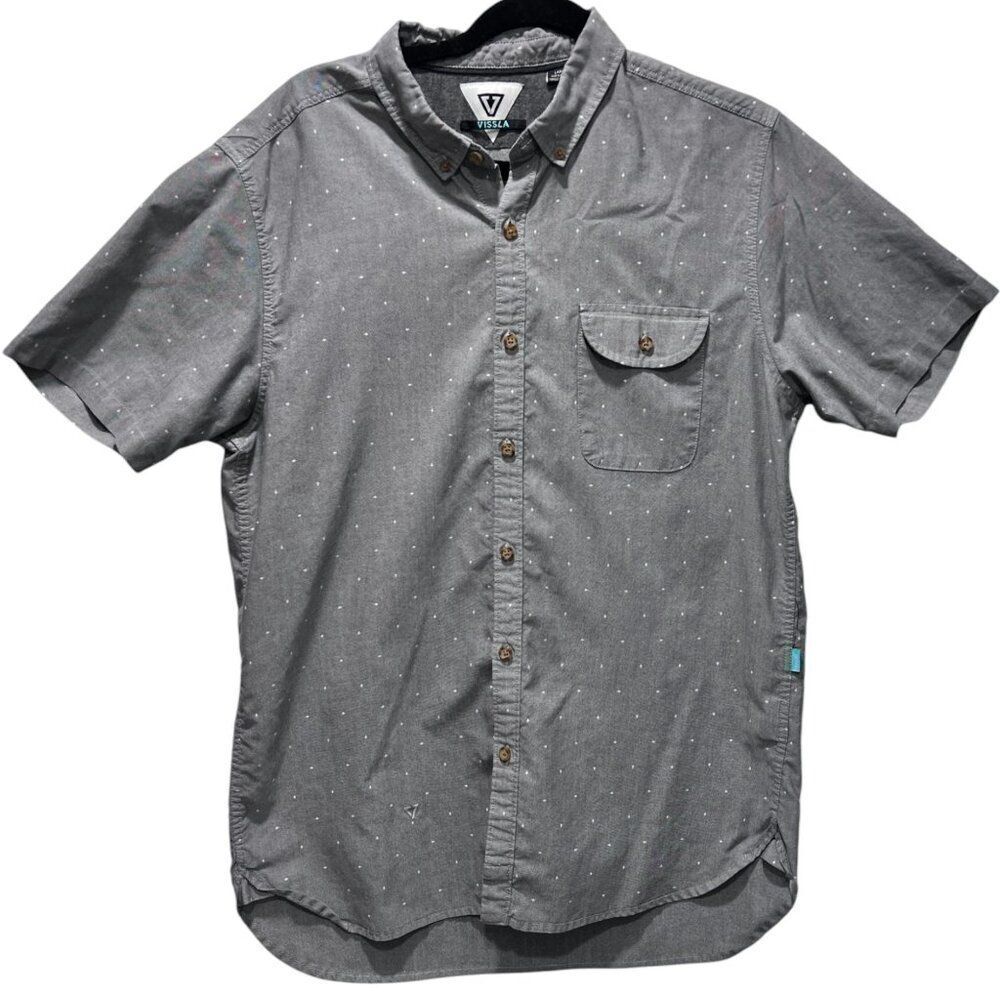 Vissla Short Sleeve Grey White Geometric Print Button Down Shirt Size Large